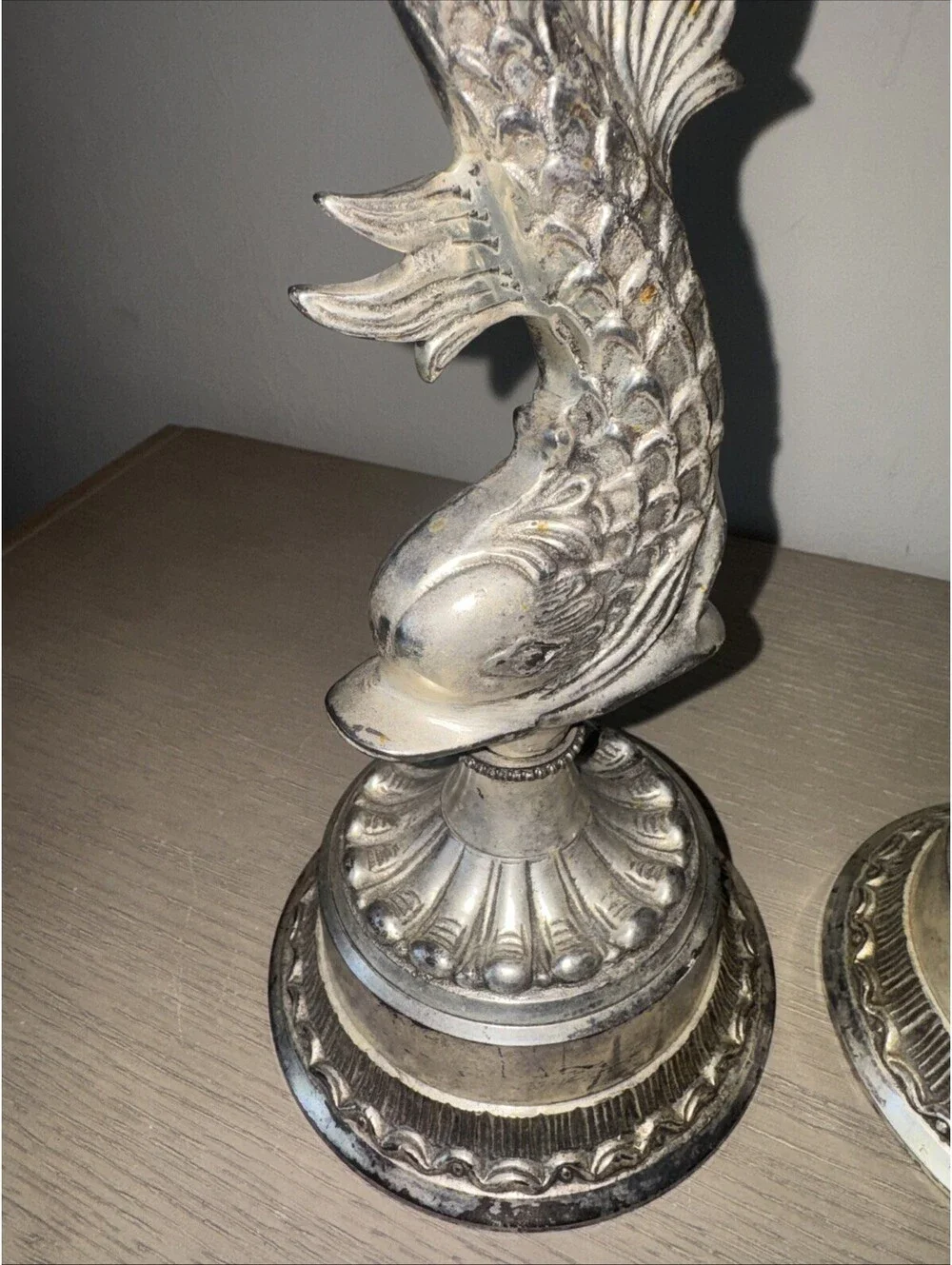 Hollywood Regency Style Silver Plated Dolphin Koi Fish Tall Candle Holders 16 in